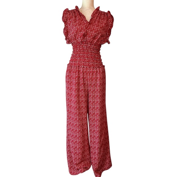 Max Studio Ruffle Trim Smocked Waist Red Print Wide Leg Jumpsuit Medium - Picture 1 of 10